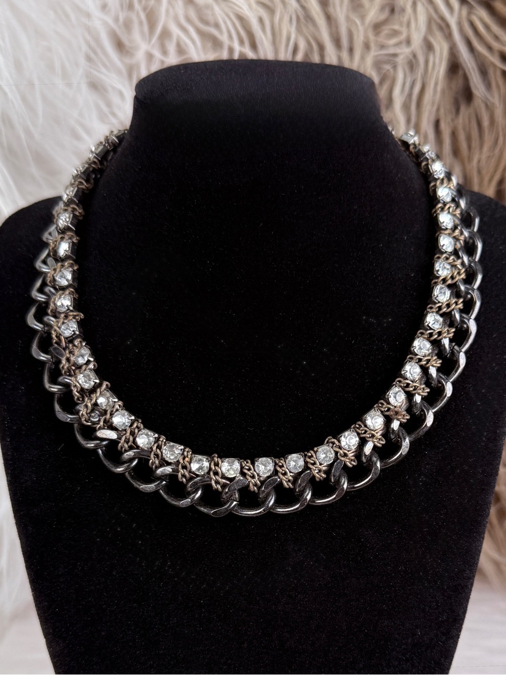 Vintage Gunmetal Tone Clear Faceted Stone Chain Statement Necklace